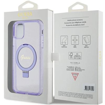 8. Guess Ring Stand Script Glitter MagSafe-Hülle für iPhone 11 / Xr – Lila