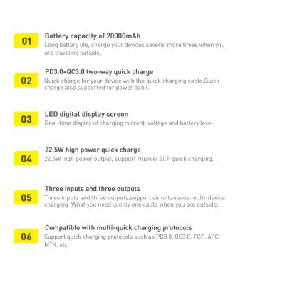 21. Baseus Adaman Powerbank mit Schnellladung 20000 mAh 22,5 W + USB-A - USB-C 3A Kabel 0,3 m schwarz
