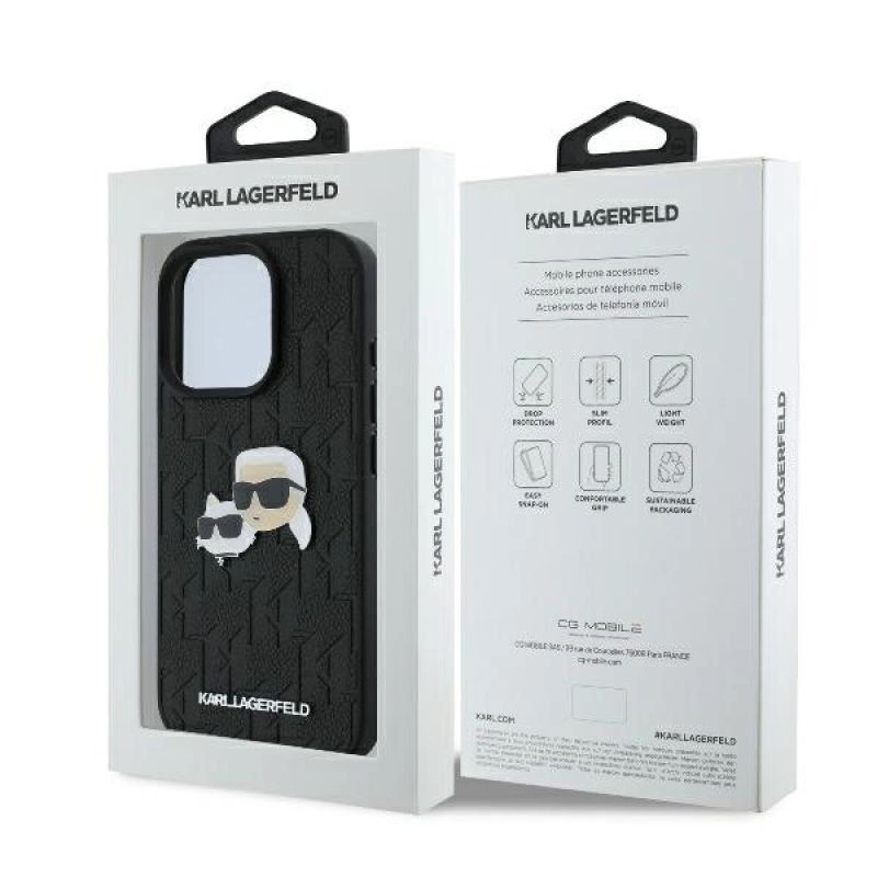 8. Karl Lagerfeld Monogram Karl & Choupette Head Pin Hülle für iPhone 16 Pro – Schwarz