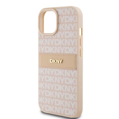 6. DKNY Lederhülle mit Monostreifen und Metalllogo für iPhone 15 / 14 / 13 – Rosa