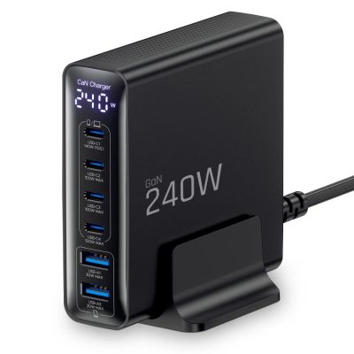 2. Tech-Protect DC240W-GaN Ladestation mit 6 Anschlüssen (4 x USB-C, 2 x USB-A), 240 W, QC3.0 – Schwarz