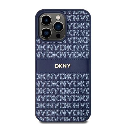 3. DKNY Lederhülle mit Monostreifen und Metalllogo für iPhone 15 Pro Max – Blau