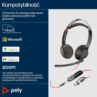 173. Poly Blackwire 5220 Stereo-Kopfhörer USB-C Headset + 3,5-mm-Klinkenstecker + USB-C/A-Adapter 8X231AA