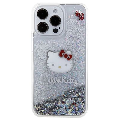 3. Hello Kitty Liquid Glitter Charms Kitty Head Hülle für iPhone 15 Pro Max – Silber