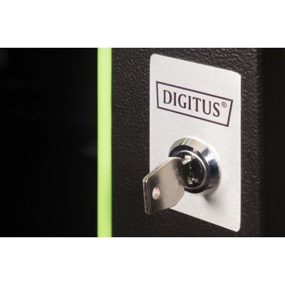 29. Digitus Unique 19" 9U Rackmount-Netzwerkschrank, 600 x 450 mm, Glastür, schwarz, ungeteilt, montiert, 100 kg