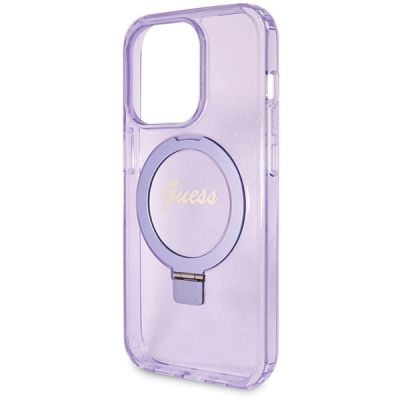 6. Guess Ring Stand Script Glitter MagSafe Hülle für iPhone 14 Pro – Lila