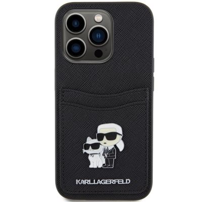 3. Karl Lagerfeld Saffiano Cardslot Karl&Choupette Metal Pin Hülle für iPhone 15 Pro – Schwarz