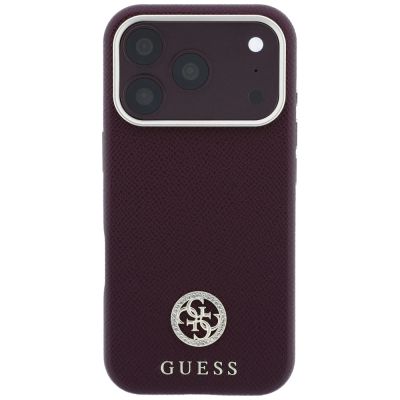 3. Guess MagSafe Hülle mit genarbtem, rundem Strass-Logo für iPhone 18 Pro Max / 17 Pro Max – Burgunderrot