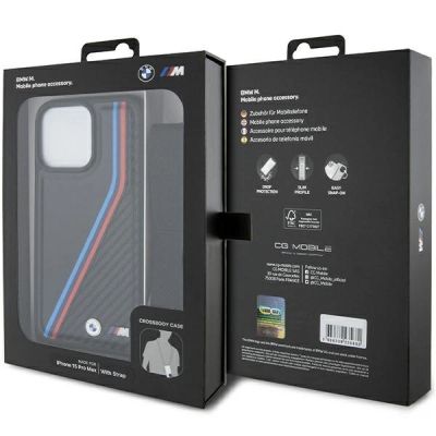 7. BMW M Edition Carbon Tricolor Lines & Strap Hülle für iPhone 15 Pro – Schwarz