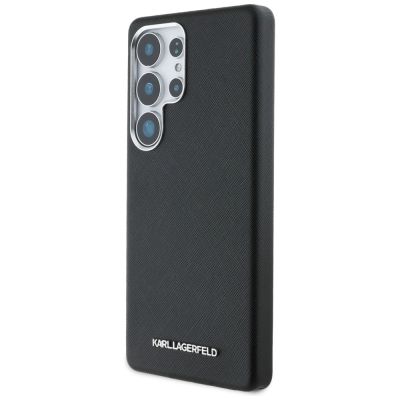 2. Karl Lagerfeld Saffiano Vollumwickelte MagSafe Hülle mit länglichem Metalllogo für Samsung Galaxy S25 Ultra - Schwarz