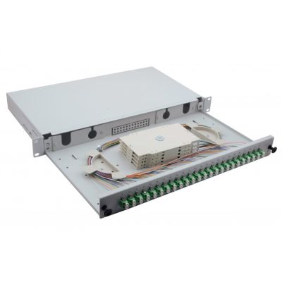 2. 19" Glasfaser-Spleißbox 24 x LC/APC Duplex OS2, mit Spleißanschlüssen, grau