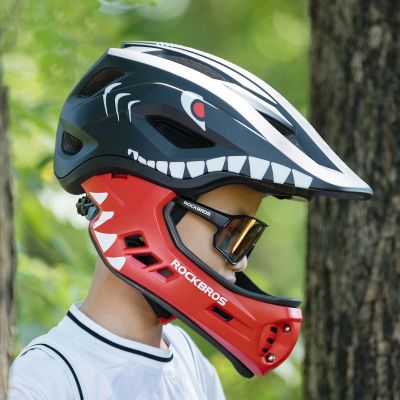 2. Rockbros TT-32006 Shark Kinderfahrradhelm mit abnehmbarem Kinnschutz, Größe S (48-52) – Schwarz