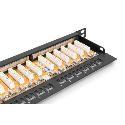 6. Hochdichtes Patchpanel 19 Zoll, 24x RJ45, LSA-Level, Cat. 6, geschirmt, 0,5 HE, schwarz, Kabelführung