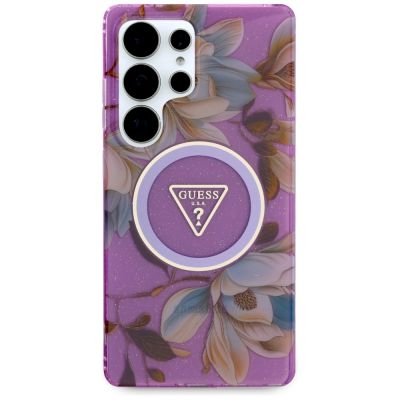 3. Guess Glitzerblumen-Dreieckknöpfe MagSafe-Hülle für Samsung Galaxy S25 Ultra – Lila