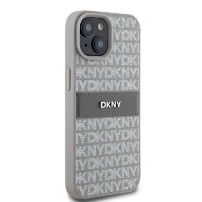 4. DKNY Lederhülle mit Monostreifen und Metalllogo für iPhone 15 / 14 / 13 – Beige