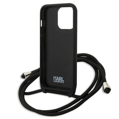 6. Karl Lagerfeld Iconik Case aus Leder mit Monogramm-Patch und Kordel für iPhone 13 Pro / 13 - Schwarz