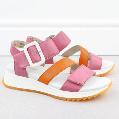 2. Rieker W2950-31 Damen-Sandalen aus rosa Leder mit hohem Absatz