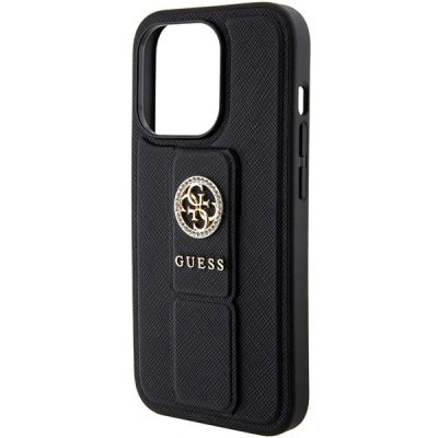 9. Guess Grip Stand 4G Saffiano Strass Hülle für iPhone 15 Pro Max - Schwarz