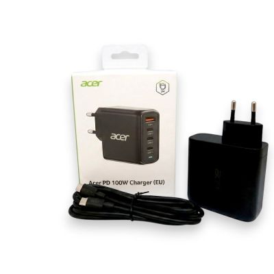 12. Acer 100W PD GaN-Ladegerät, 3 x USB-C und 1 x USB-A, EU-Stecker, 100W USB-C-Kabel, Schwarz, Einzelhandelsverpackung