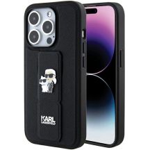Karl Lagerfeld Gripstand Saffiano Karl&Choupette Pins Hülle für iPhone 15 Pro – Schwarz