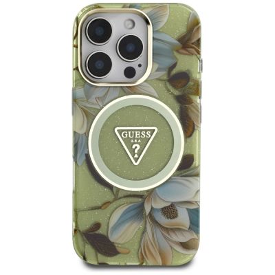 3. Guess Glitter Flowers Triangle Buttons MagSafe Case für iPhone 16 Pro Max grün