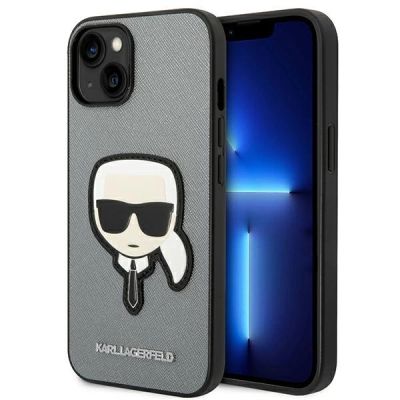 Karl Lagerfeld Saffiano Karl's Head Patch Hülle für iPhone 14 Plus - Silber