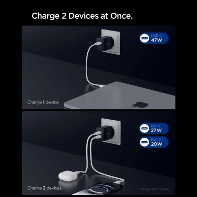 5. Spigen Essential EE472EU 2-Port USC-C 47W Wandladegerät – Schwarz