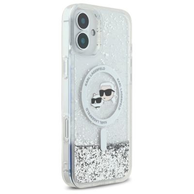 4. Karl Lagerfeld Flüssigglitzer Karl & Choupette Kopf Magsafe Hülle für iPhone 16 Plus - Transparent