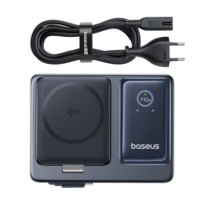 6. Baseus NOMOS 140W Qi2 5-in-1 Kabellose Ladestation mit einziehbarem USB-C-Kabel und Digitalanzeige – Schwarz