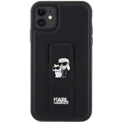 3. Karl Lagerfeld Gripstand Saffiano Karl&Choupette Pins Hülle für iPhone 11 / Xr – Schwarz