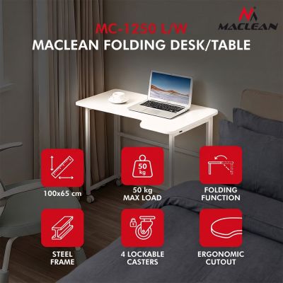 MACLEAN Klapptisch mit Rollen, weiß, mobil, 100 x 65 cm, max. 50 kg, abgewinkelt, Form
