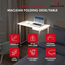 MACLEAN Klapptisch mit Rollen, weiß, mobil, 100 x 65 cm, max. 50 kg, abgewinkelt, Form
