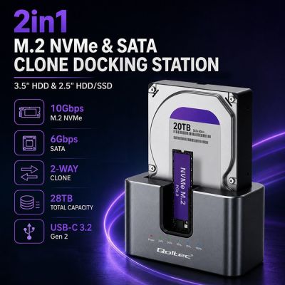 2. Qoltec 52631 HDD/SSD-Dockingstation | SATA | M.2 NVMe | Klonen | USB-C | 10 Gbit/s | 28 TB