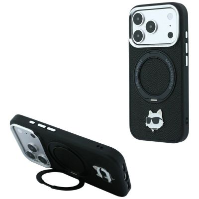 Karl Lagerfeld mit Ringständer 360 Choupette Head Pin MagSafe Hülle für iPhone 18 Pro / 17 Pro - Schwarz