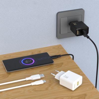 2. Dudao A23TEU 2,4A GaN USB-A Wandladegerät mit USB-A- und USB-C-Kabel – Schwarz