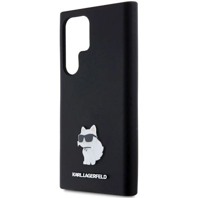 6. Karl Lagerfeld Silikon Choupette Metal Pin Hülle für Samsung Galaxy S24 Ultra – Schwarz