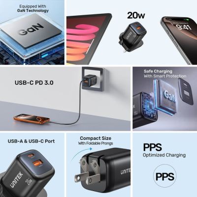 13. UNITEK 2X GAN Wandladegerät USB-C & USB-A 20W Schwarz