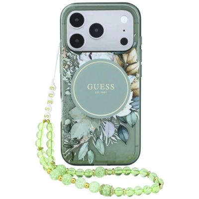 Guess IML Flowers Pearl Strap MagSafe Hülle für iPhone 18 Pro / 17 Pro – grün