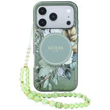 Guess IML Flowers Pearl Strap MagSafe Hülle für iPhone 18 Pro / 17 Pro – grün