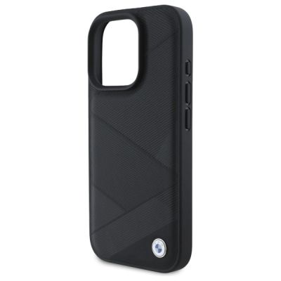 6. BMW Sign Leather Crossing Lines Pattern Hülle für iPhone 16 Pro Max – Schwarz