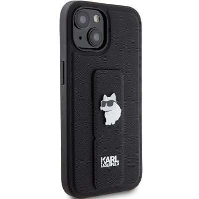 4. Karl Lagerfeld Gripstand Saffiano Choupette Pins Hülle für iPhone 15 – Schwarz