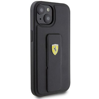 4. Ferrari Grip Stand Metall-Logo-Hülle für iPhone 15 – Schwarz