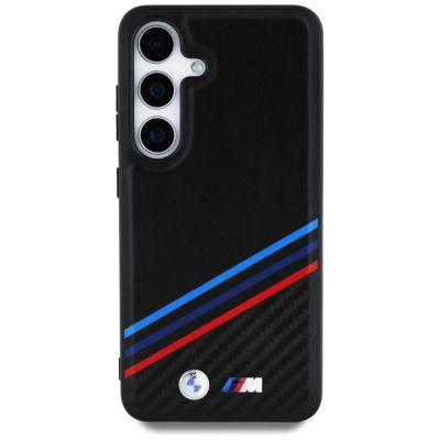 3. BMW Leder Tricolor Crossing Stripes MagSafe Hülle für Samsung Galaxy S25 - Schwarz