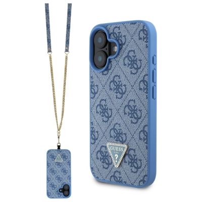 Guess Leder-Umhängetasche mit Metall-Logo und Strass für iPhone 16 – Blau