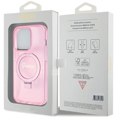 8. Guess Ring Stand Script Glitter MagSafe-Hülle für iPhone 15 Pro Max – Rosa