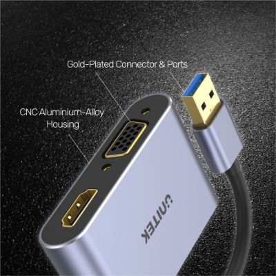 4. UNITEK V1304A Kabeladapter 0,15 m USB Typ-A HDMI + VGA (D-Sub) Grau