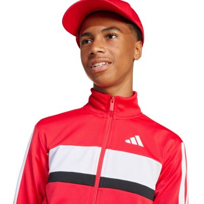 5. adidas Seasonal Essentials Tiberio 3-Streifen Tricot Kinder-Trainingsanzug Rot und Schwarz JI6214