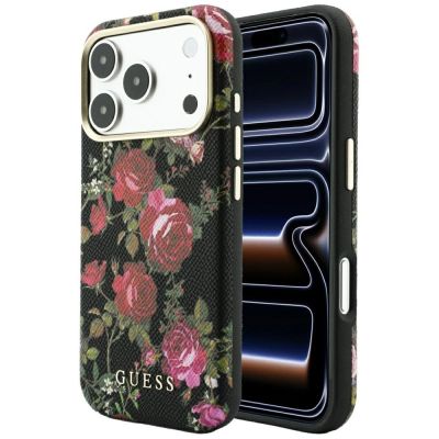 Guess Blossom Roses Print MagSafe Hülle für iPhone 18 Pro Max / 17 Pro Max – schwarz