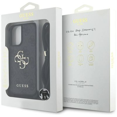 7. Guess 4G Big Logo Cord Stap Crossbody Case für iPhone 16 Plus Schwarz