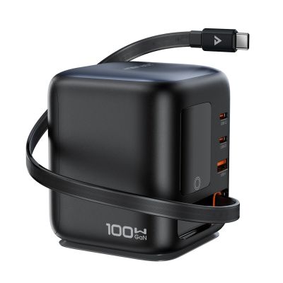 4. Acefast Z10 GaN 100W 3xUSB Desktop-Ladegerät mit einziehbarem USB-C-Kabel und TFT-Display – Schwarz